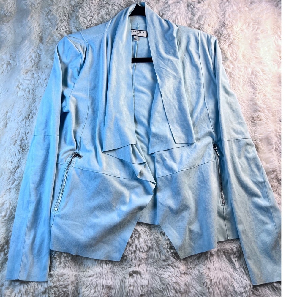 Bagatelle Collection Baby Blue Fau Suede Draped Waterfall Open Front. Size S A22
